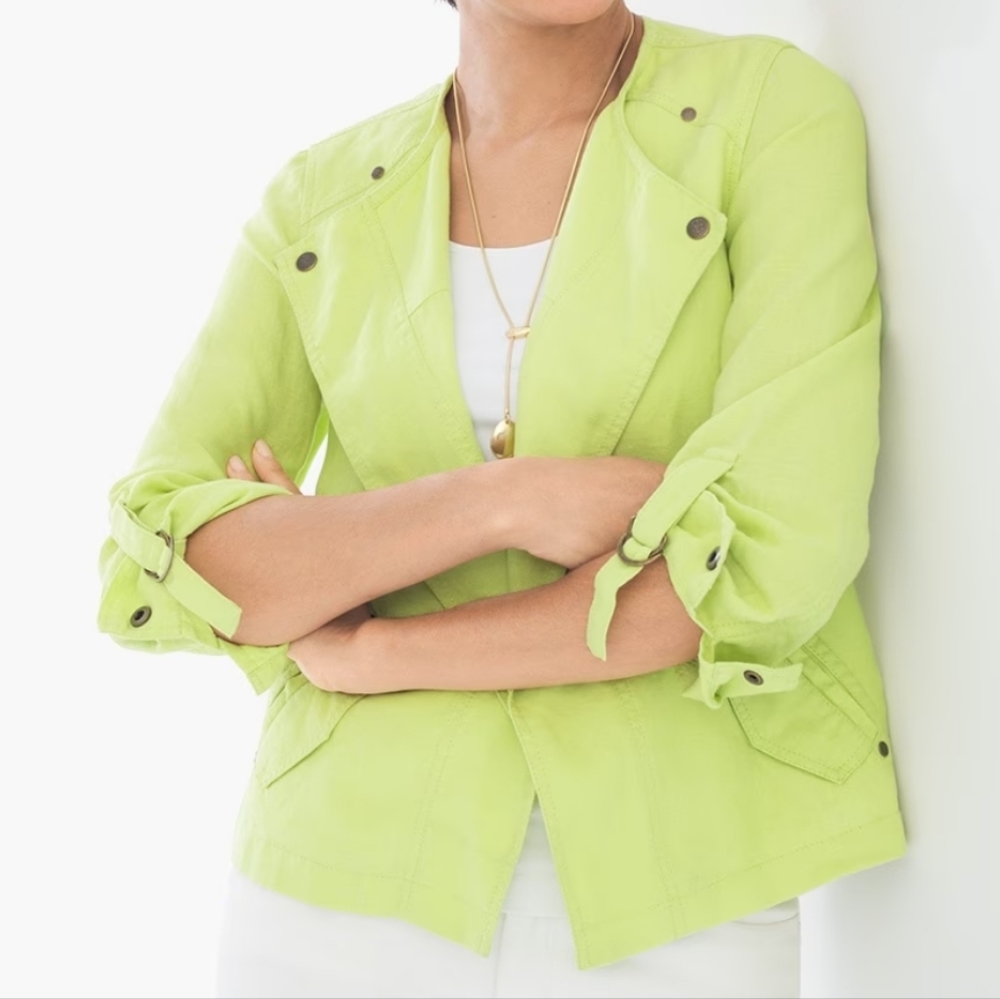 Chico's 100% Linen Drape-Front lime Green 3/4 Sleeve Jacket